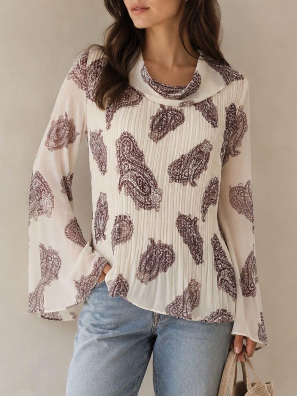 Chicos Pleated Paisley Cowl Neck Bell Sleeve Blouse